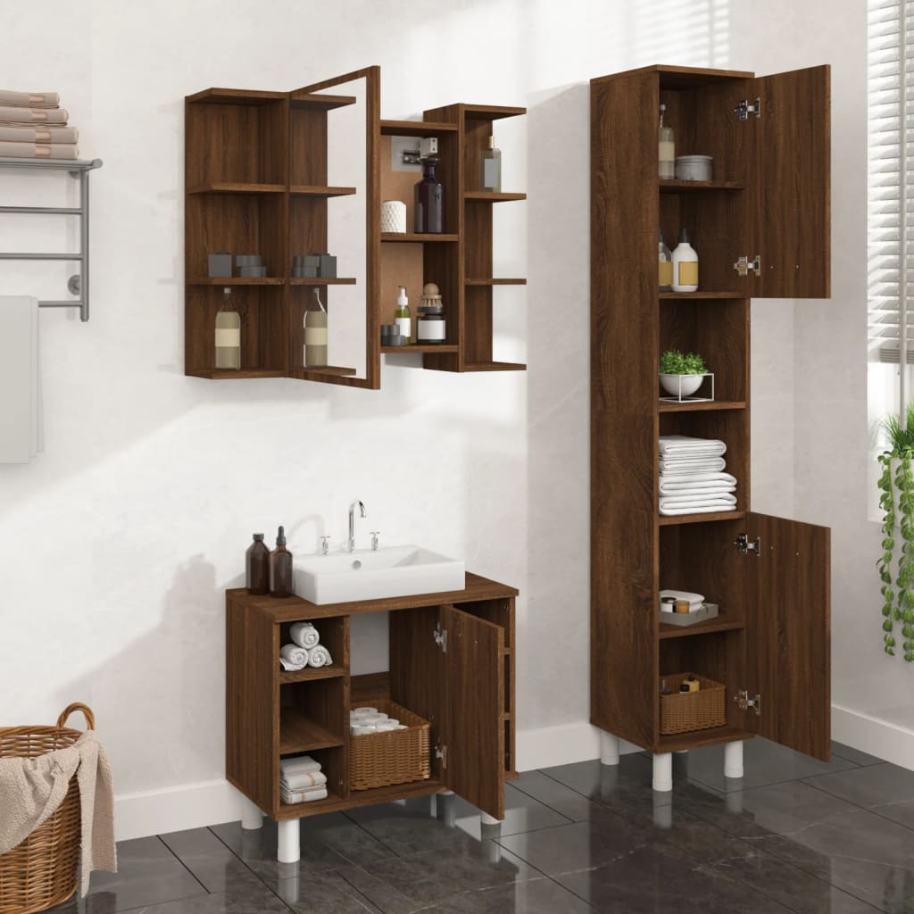 3 Piece Bathroom Cabinet Set Brown Oak Engineered Wood