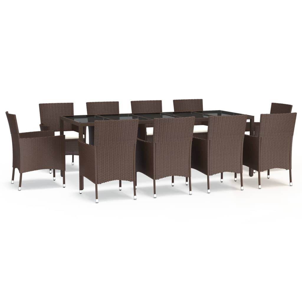 11 Piece Garden Dining Set with Cushions Brown Poly Rattan