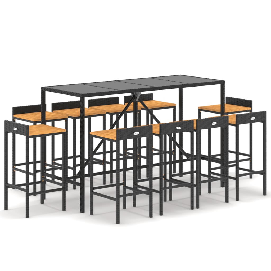 11 Piece Garden Bar Set Black Poly Rattan& Solid Wood Acacia