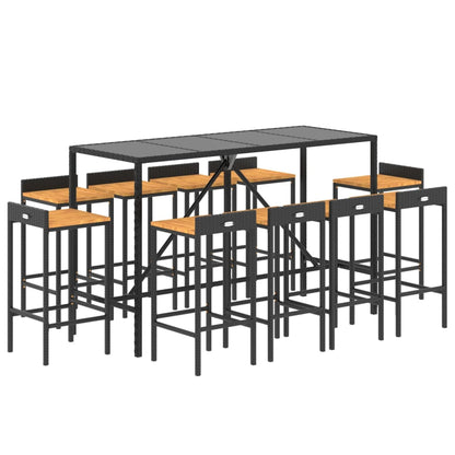 11 Piece Garden Bar Set Black Poly Rattan& Solid Wood Acacia