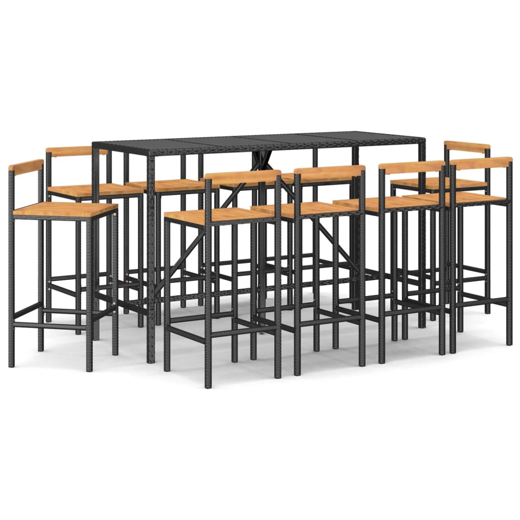 11 Piece Garden Bar Set Black Poly Rattan& Solid Wood Acacia