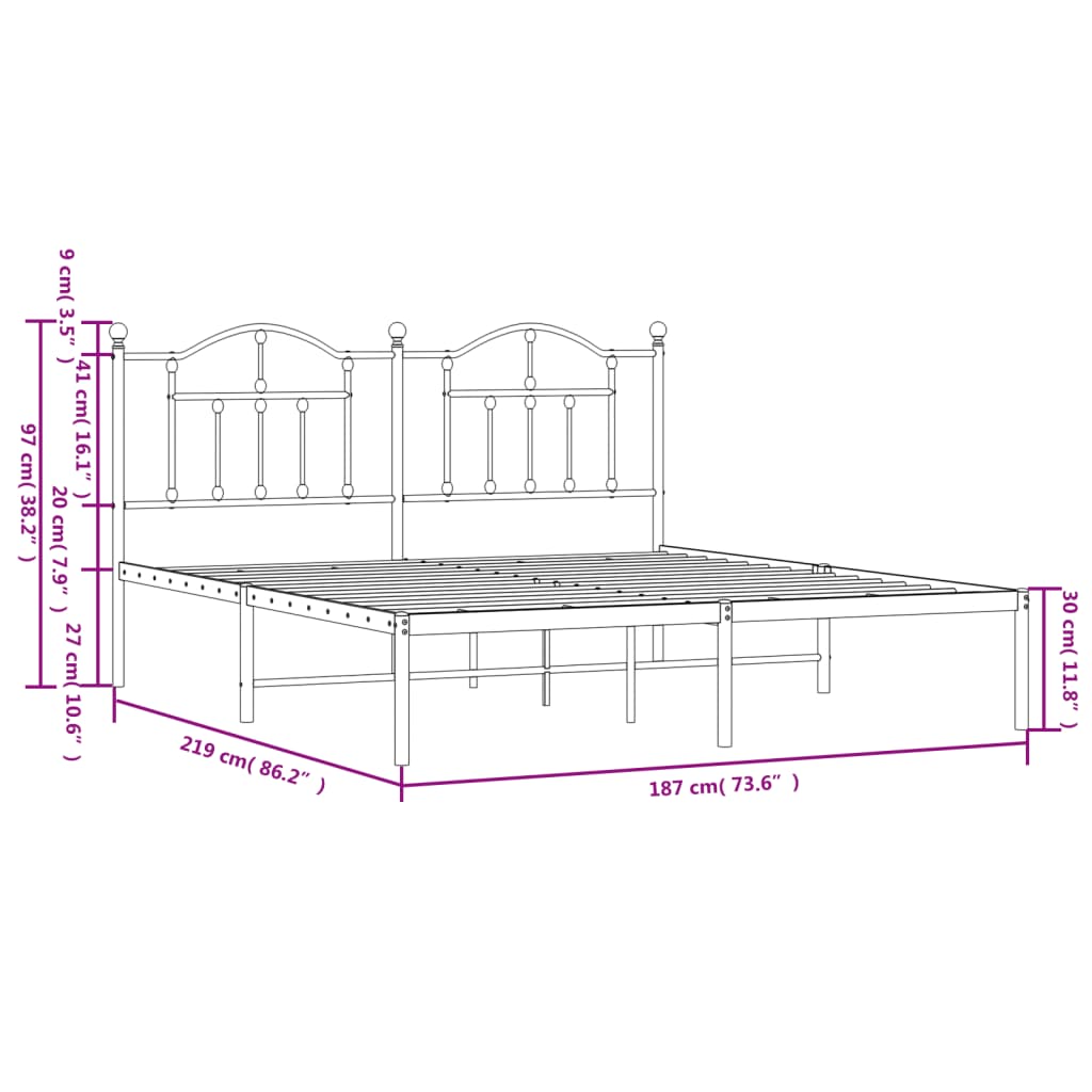 Metal Bed Frame with Headboard Black 183x213 cm