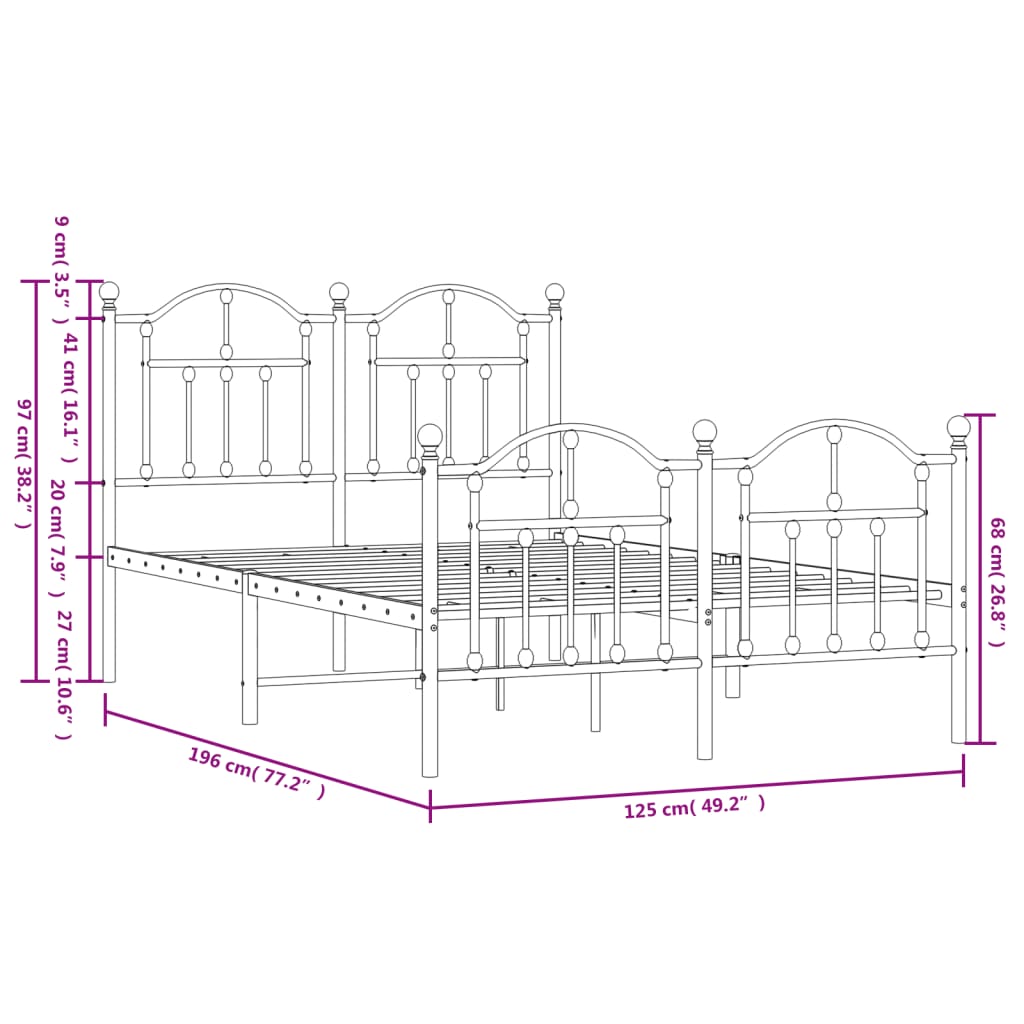 Metal Bed Frame without Mattress with Footboard White 120x190 cm Small Double