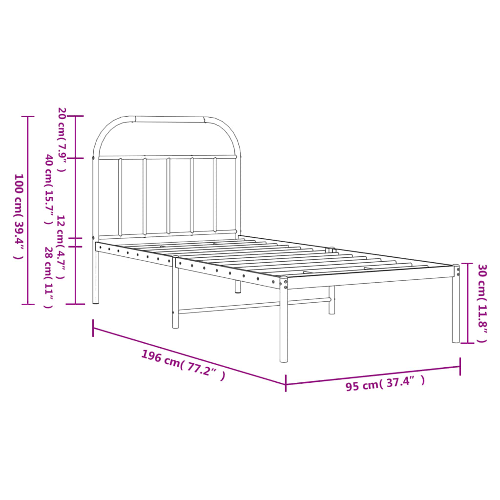 Metal Bed Frame without Mattress with Headboard Black 90x190 cm Single