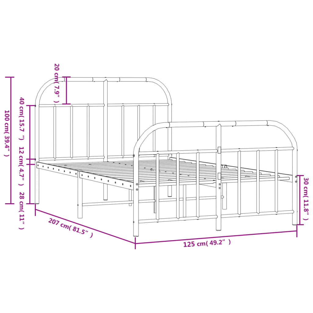 Metal Bed Frame with Headboard and Footboard Black 120x200 cm