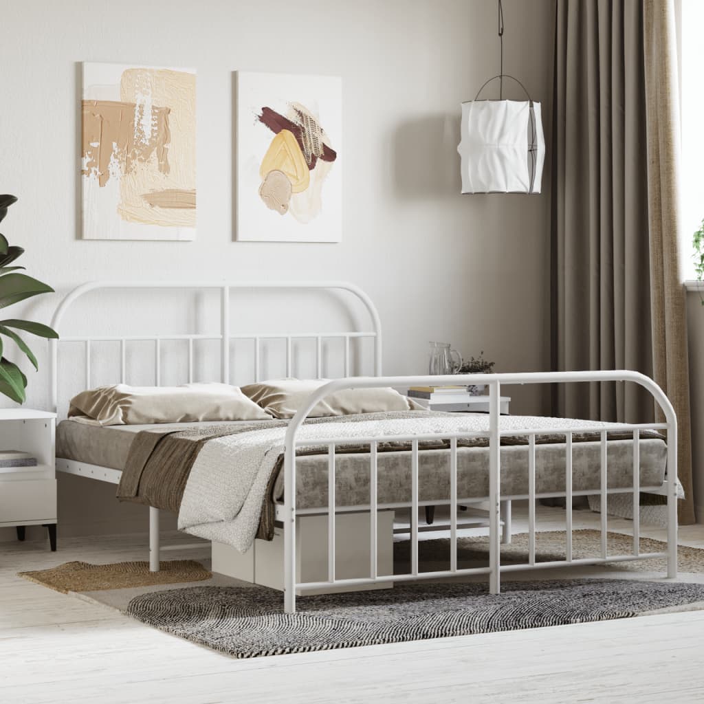 Metal Bed Frame without Mattress with Footboard White 150x200 cm King Size