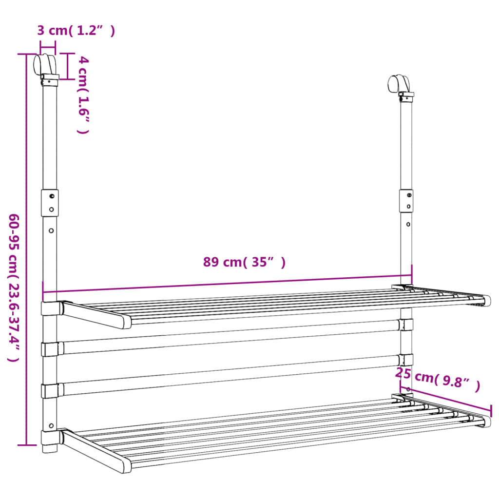 Drying Rack for Balcony 89x25x(60-95) cm Aluminium