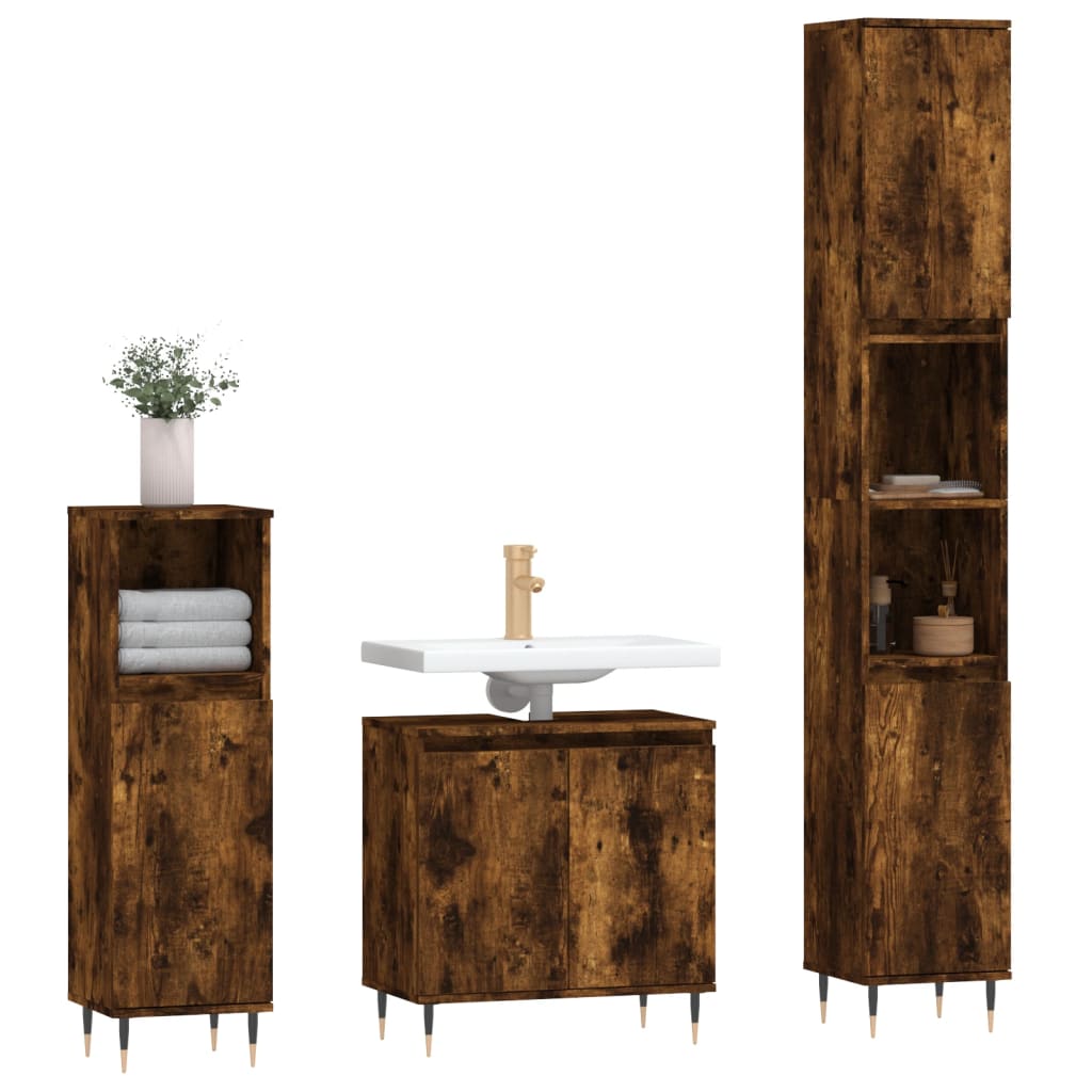 3 Piece Bathroom Cabinet Set Smoked Oak Engineered Wood