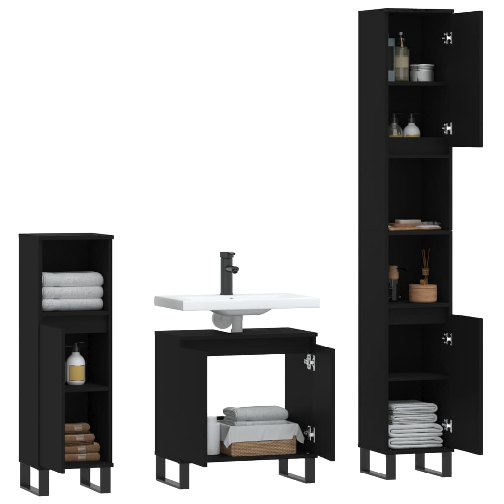 3 Piece Bathroom Cabinet Set Black Engineered Wood