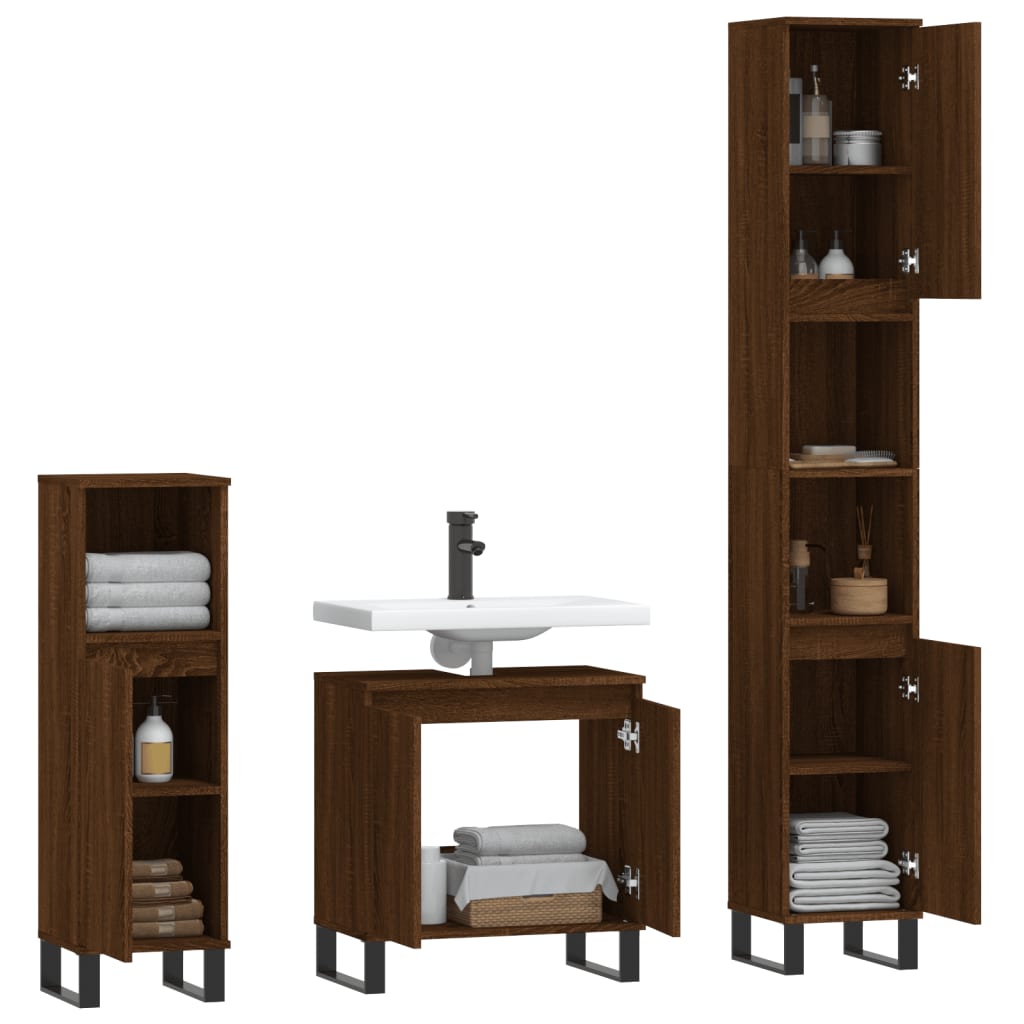 3 Piece Bathroom Cabinet Set Brown Oak Engineered Wood