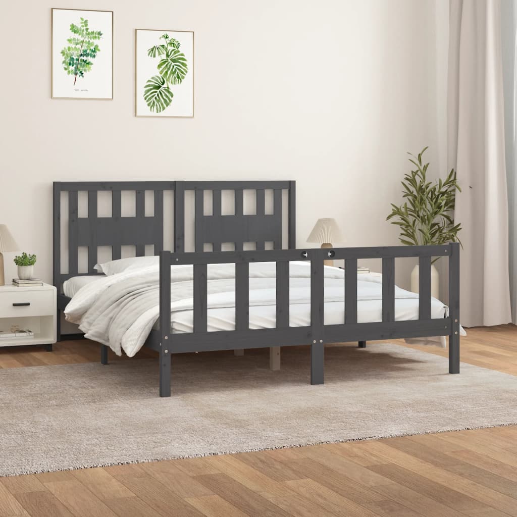 Bed Frame without Mattress Grey Solid Wood Pine King Size