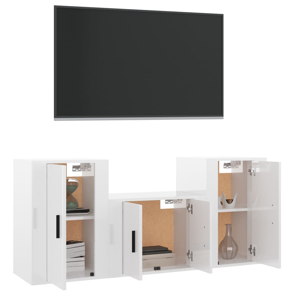 3 Piece TV Cabinet Set High Gloss White Engineered Wood