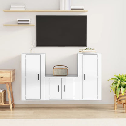 3 Piece TV Cabinet Set High Gloss White Engineered Wood