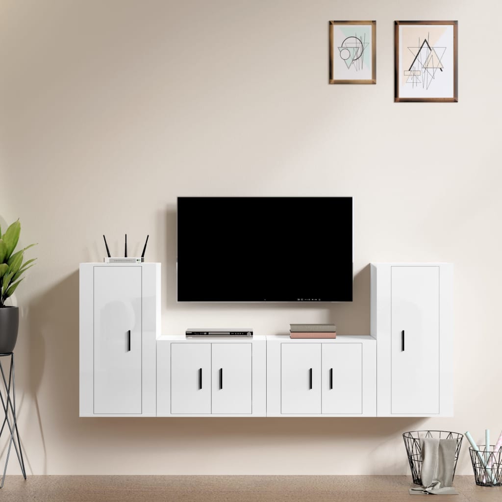 4 Piece TV Cabinet Set High Gloss White Engineered Wood