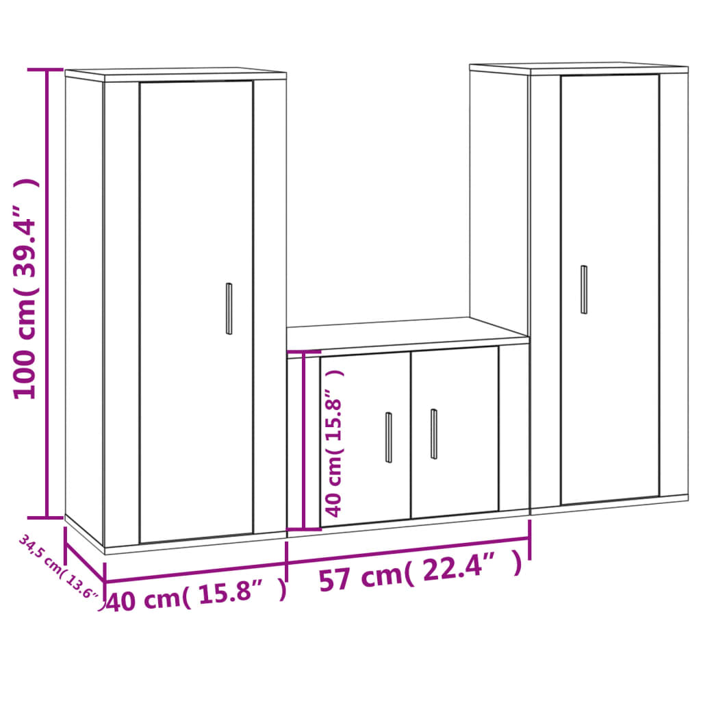 3 Piece TV Cabinet Set High Gloss White Engineered Wood