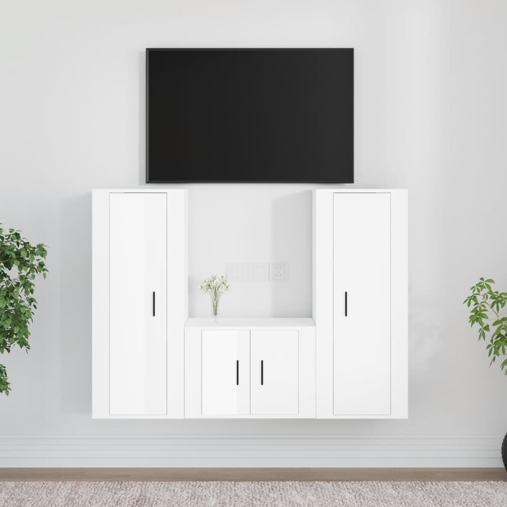 3 Piece TV Cabinet Set High Gloss White Engineered Wood