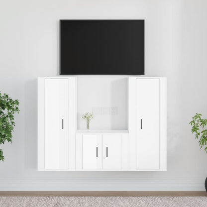 3 Piece TV Cabinet Set High Gloss White Engineered Wood