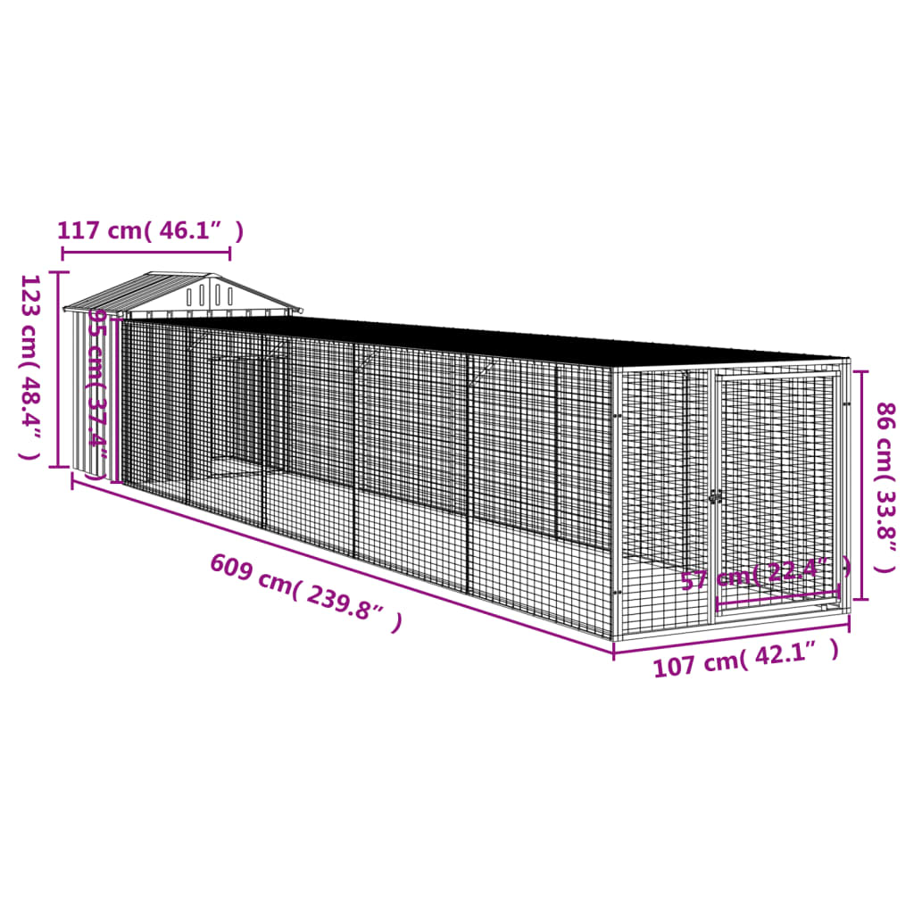 Chicken Cage with Run Light Grey 117x609x123 cm Galvanised Steel