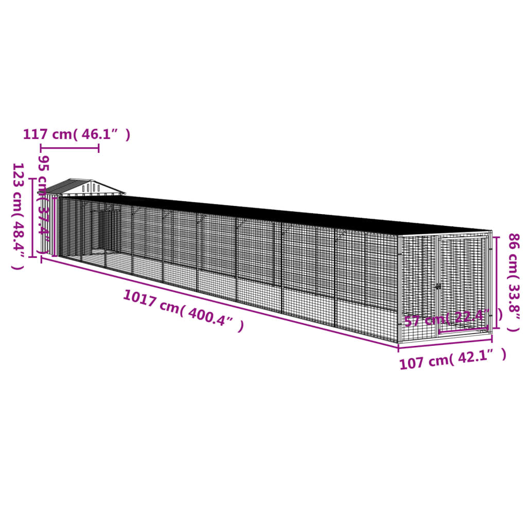 Chicken Cage with Run Light Grey 117x1017x123 cm Galvanised Steel