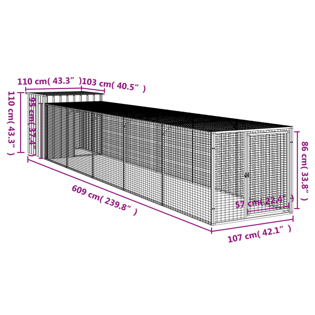 Chicken Cage with Run Light Grey 110x609x110 cm Galvanised Steel