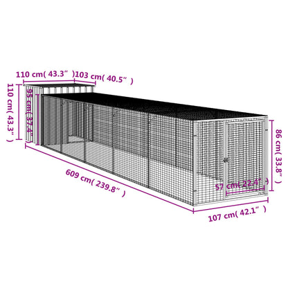 Chicken Cage with Run Light Grey 110x609x110 cm Galvanised Steel