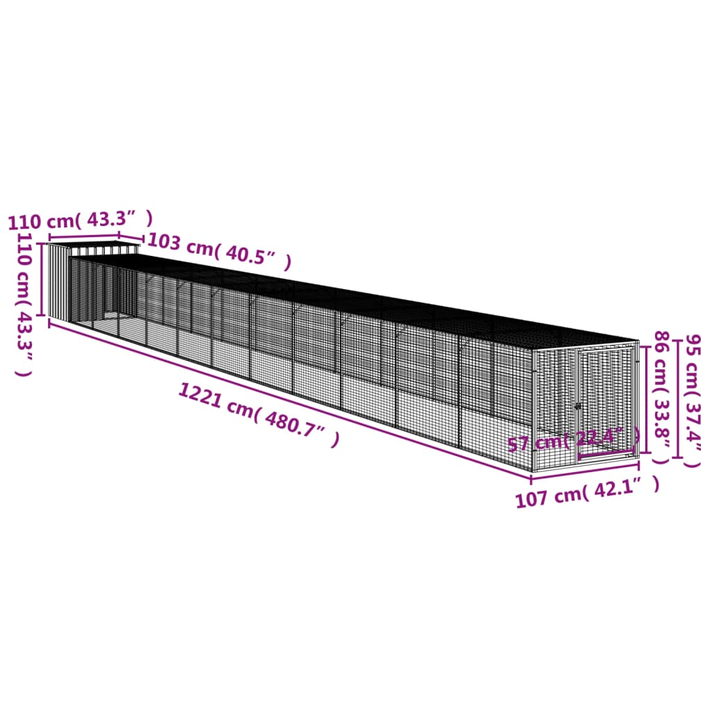 Chicken Cage with Run Light Grey 110x1221x110 cm Galvanised Steel