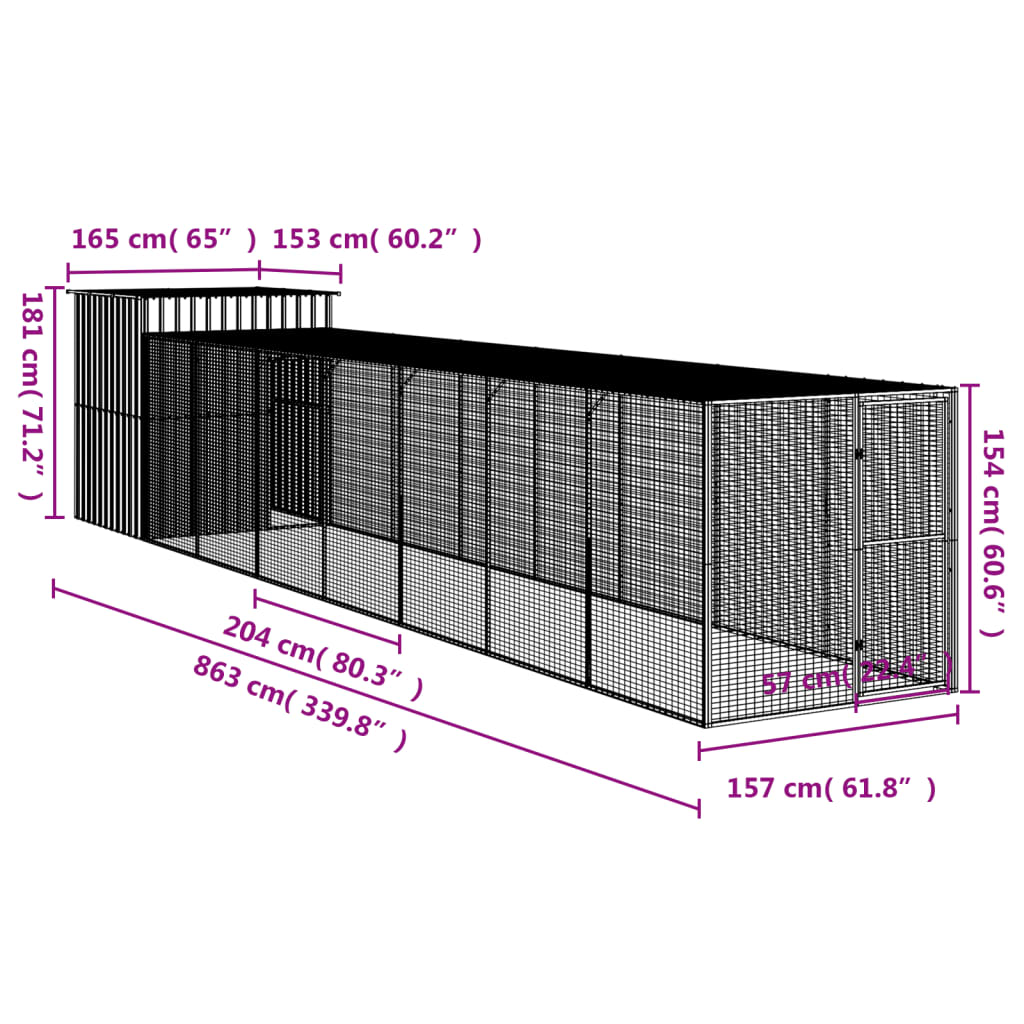 Chicken Cage with Run Light Grey 165x863x181 cm Galvanised Steel