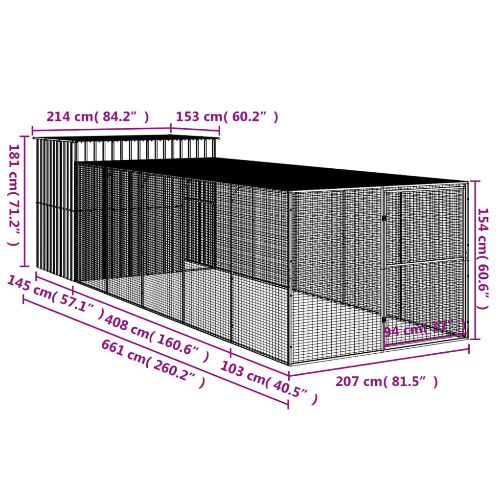 Dog House with Run Light Grey 214x661x181 cm Galvanised Steel