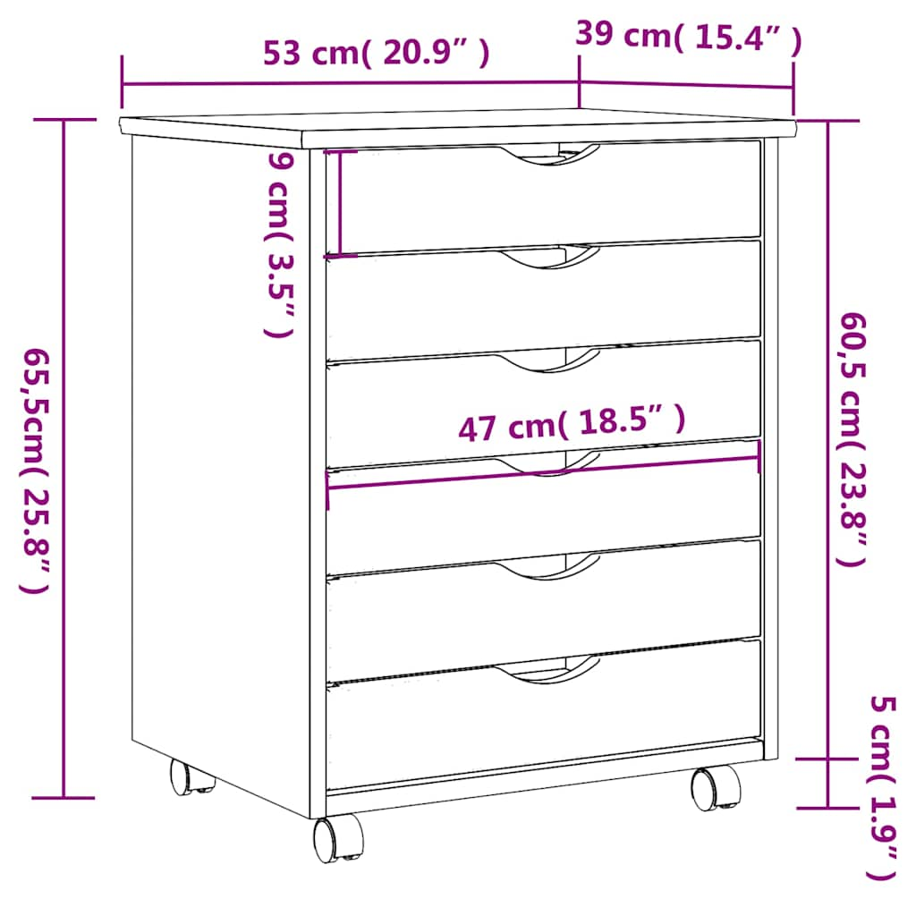 Rolling Cabinet with Drawers MOSS White Solid Wood Pine