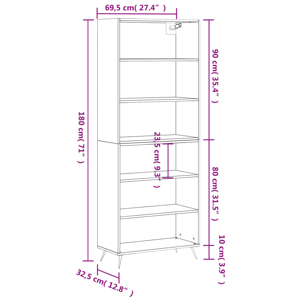 Highboard White 69.5x32.5x180 cm Engineered Wood