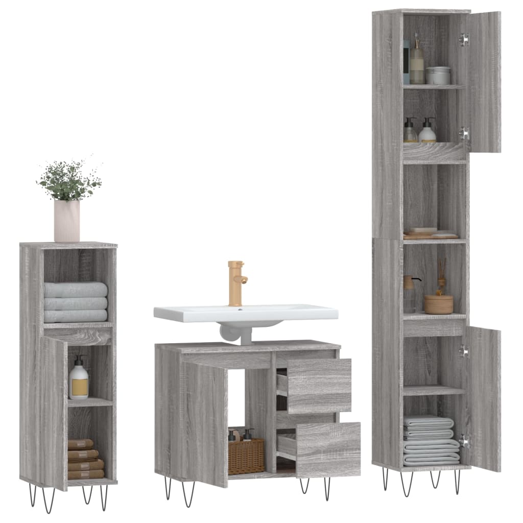 3 Piece Bathroom Furniture Set Grey Sonoma Engineered Wood