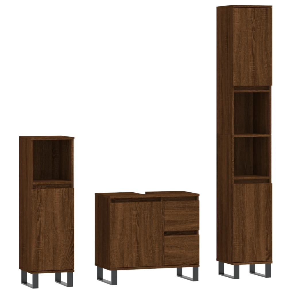 3 Piece Bathroom Furniture Set Brown Oak Engineered Wood