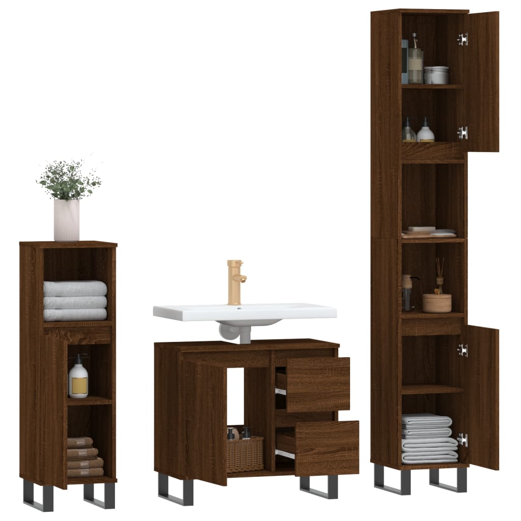 3 Piece Bathroom Furniture Set Brown Oak Engineered Wood