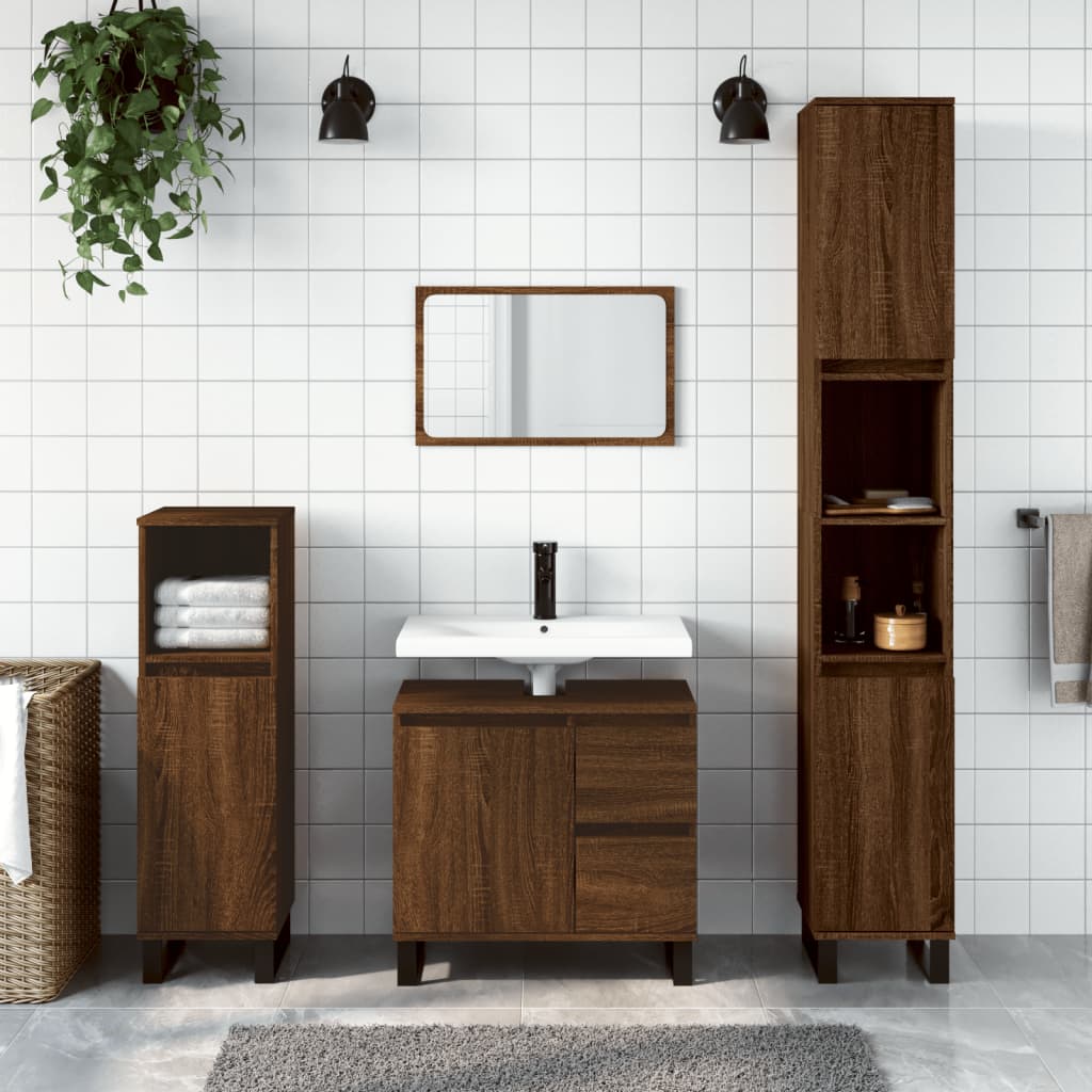 3 Piece Bathroom Furniture Set Brown Oak Engineered Wood