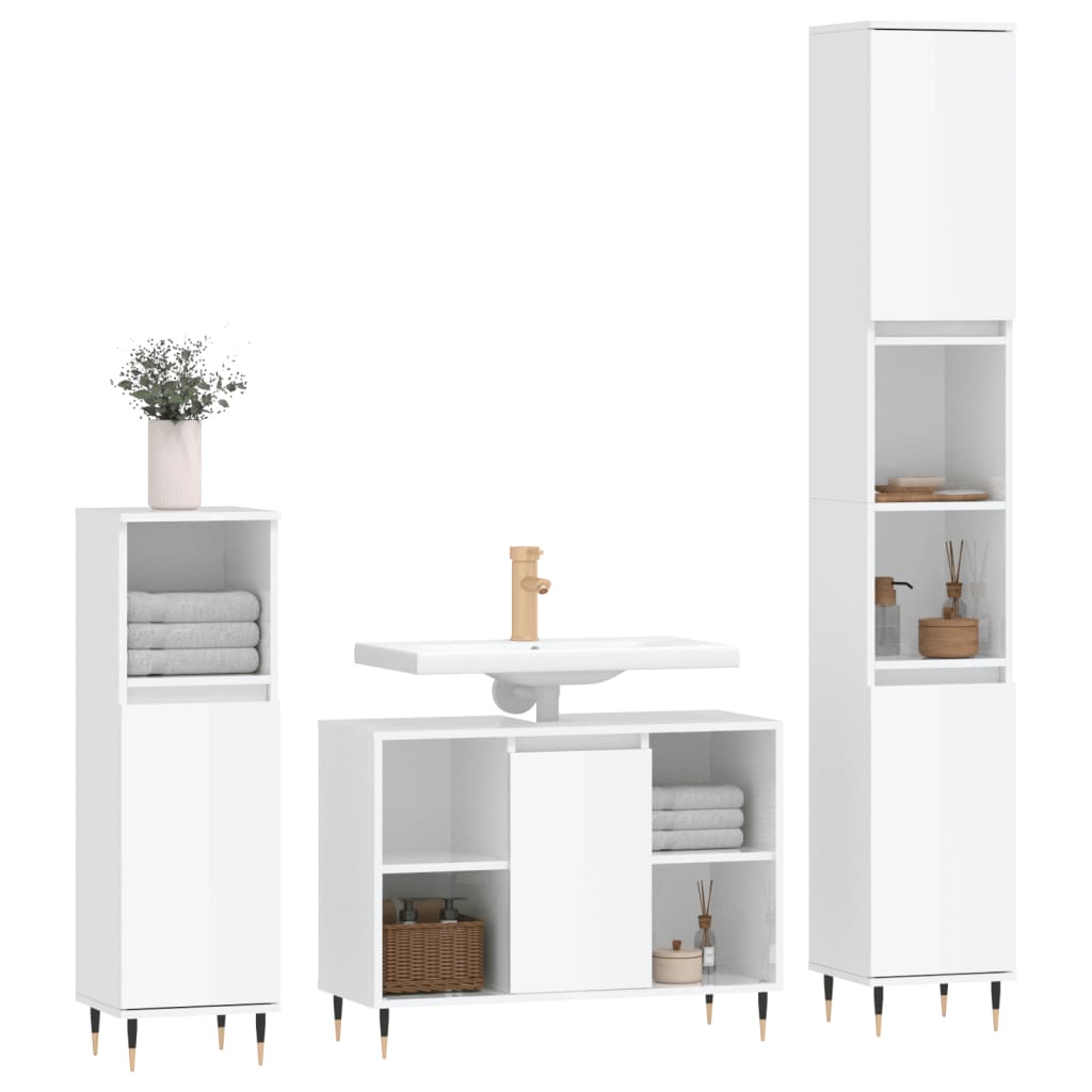 3 Piece Bathroom Furniture Set High Gloss White Engineered Wood