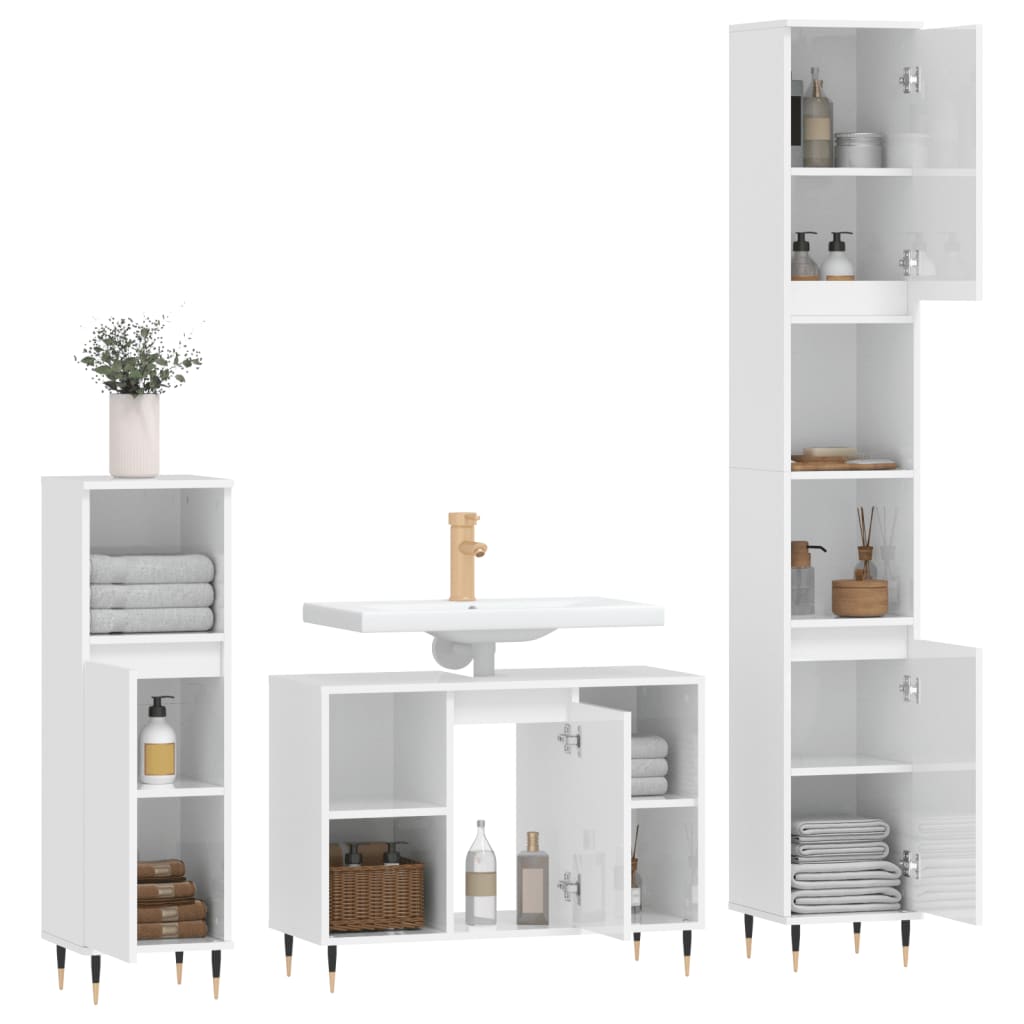 3 Piece Bathroom Furniture Set High Gloss White Engineered Wood