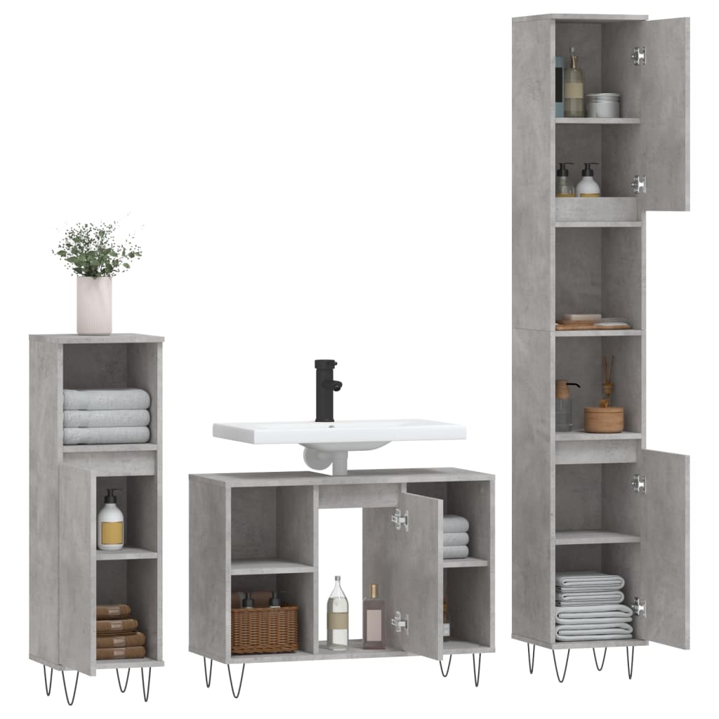 3 Piece Bathroom Furniture Set Concrete Grey Engineered Wood