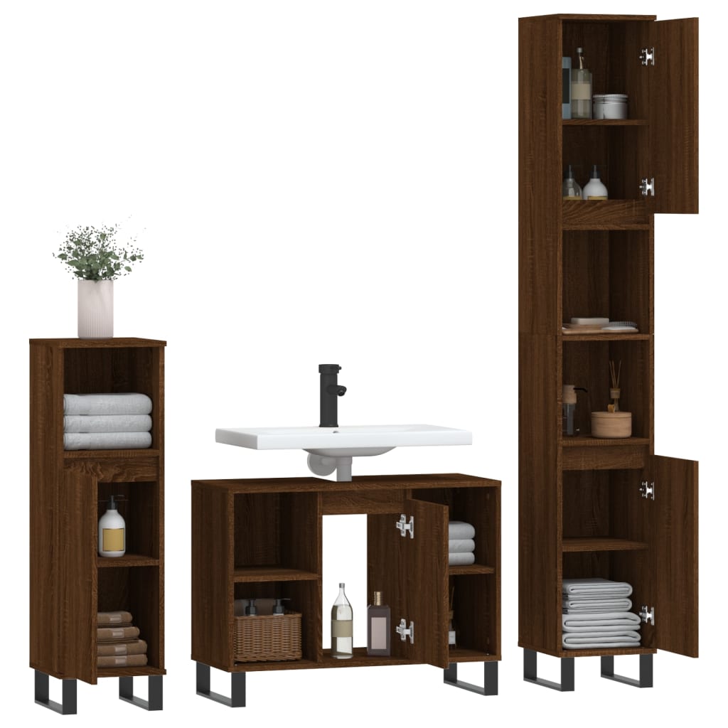 3 Piece Bathroom Furniture Set Brown Oak Engineered Wood