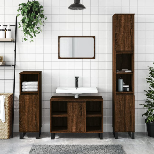 3 Piece Bathroom Furniture Set Brown Oak Engineered Wood