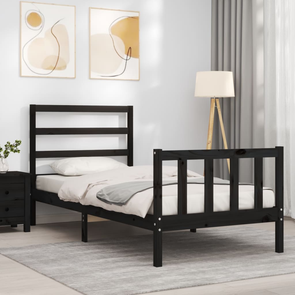 Bed Frame with Headboard Black Small Single Solid Wood