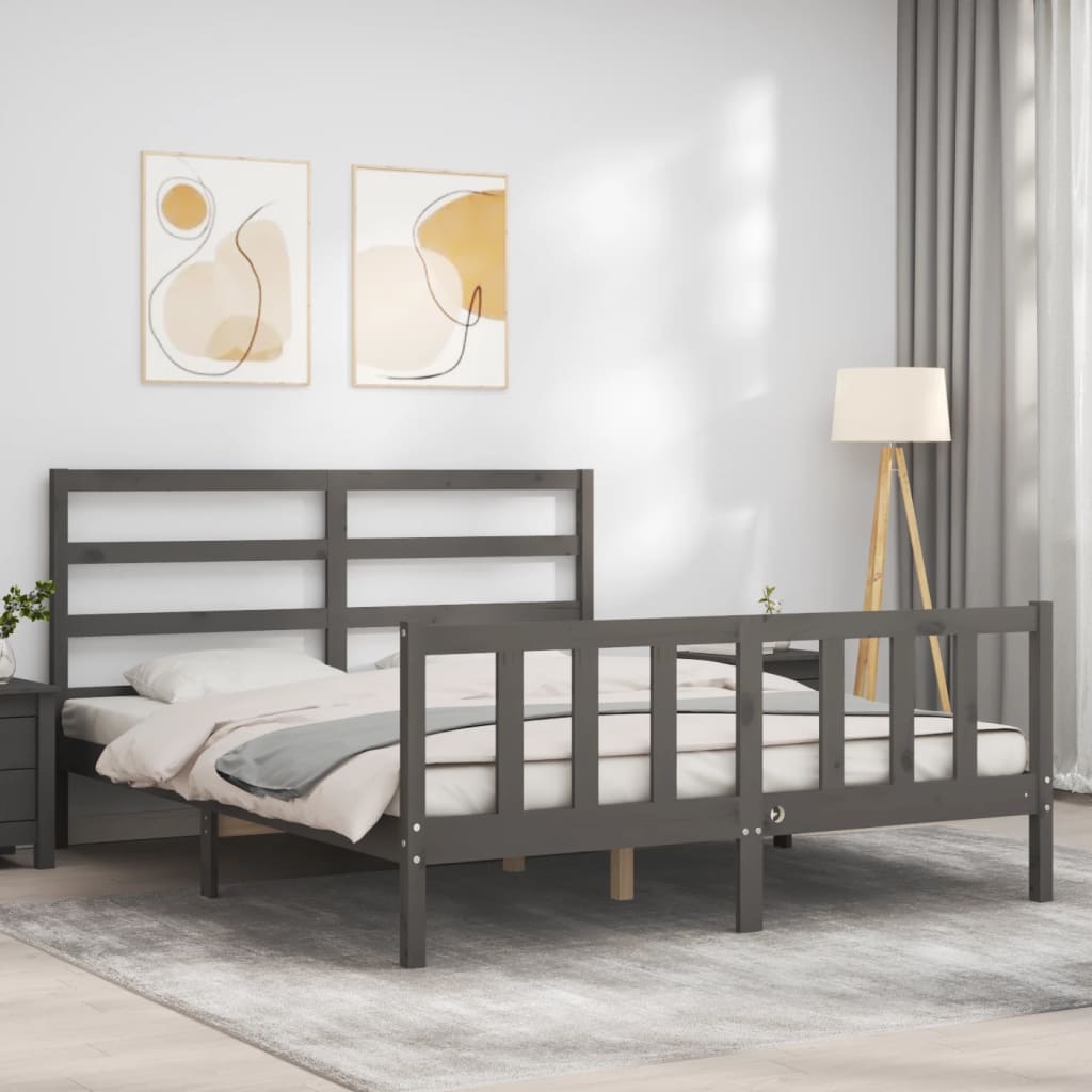 Bed Frame without Mattress Grey King Size Solid Wood Pine