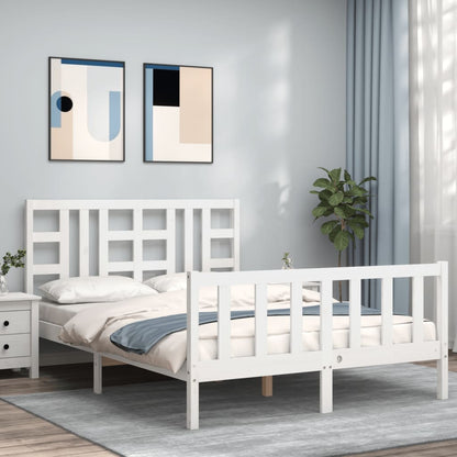 Bed Frame with Headboard White King Size Solid Wood