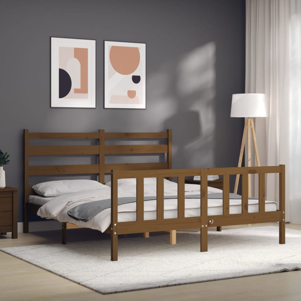 Bed Frame with Headboard Honey Brown King Size Solid Wood