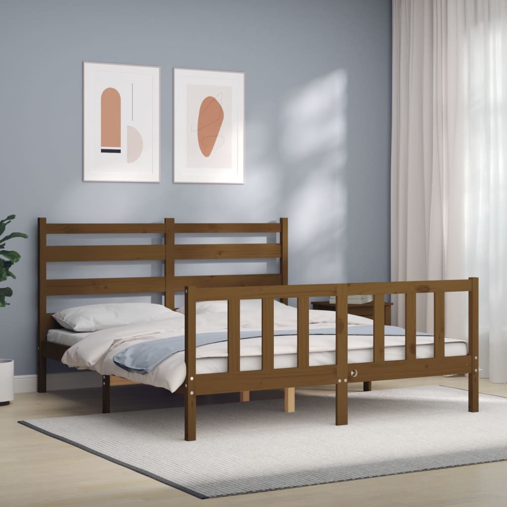 Bed Frame with Headboard Honey Brown King Size Solid Wood