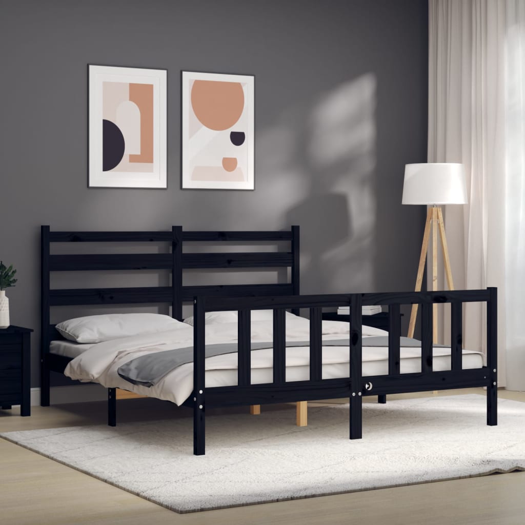 Bed Frame without Mattress Black King Size Solid Wood Pine