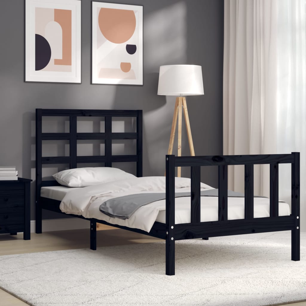 Bed Frame with Headboard Black Small Single Solid Wood