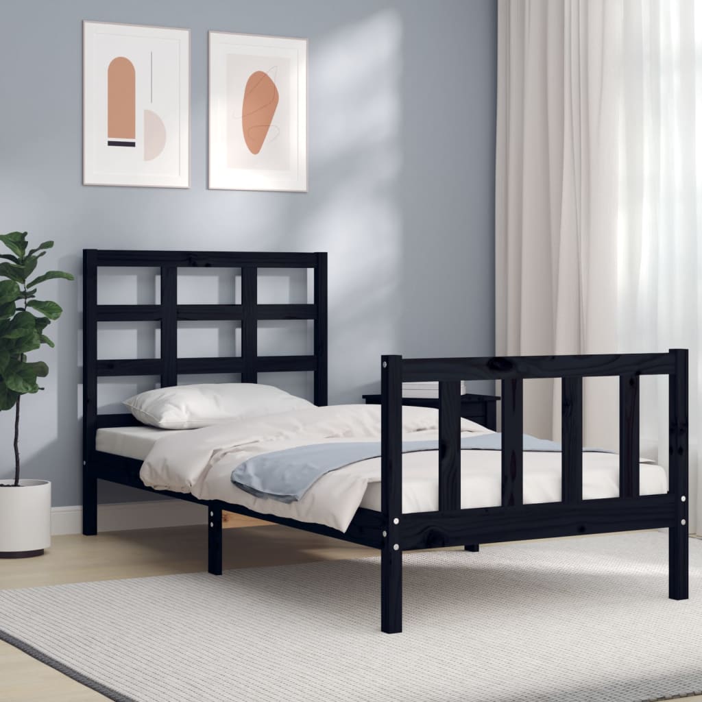 Bed Frame with Headboard Black Small Single Solid Wood