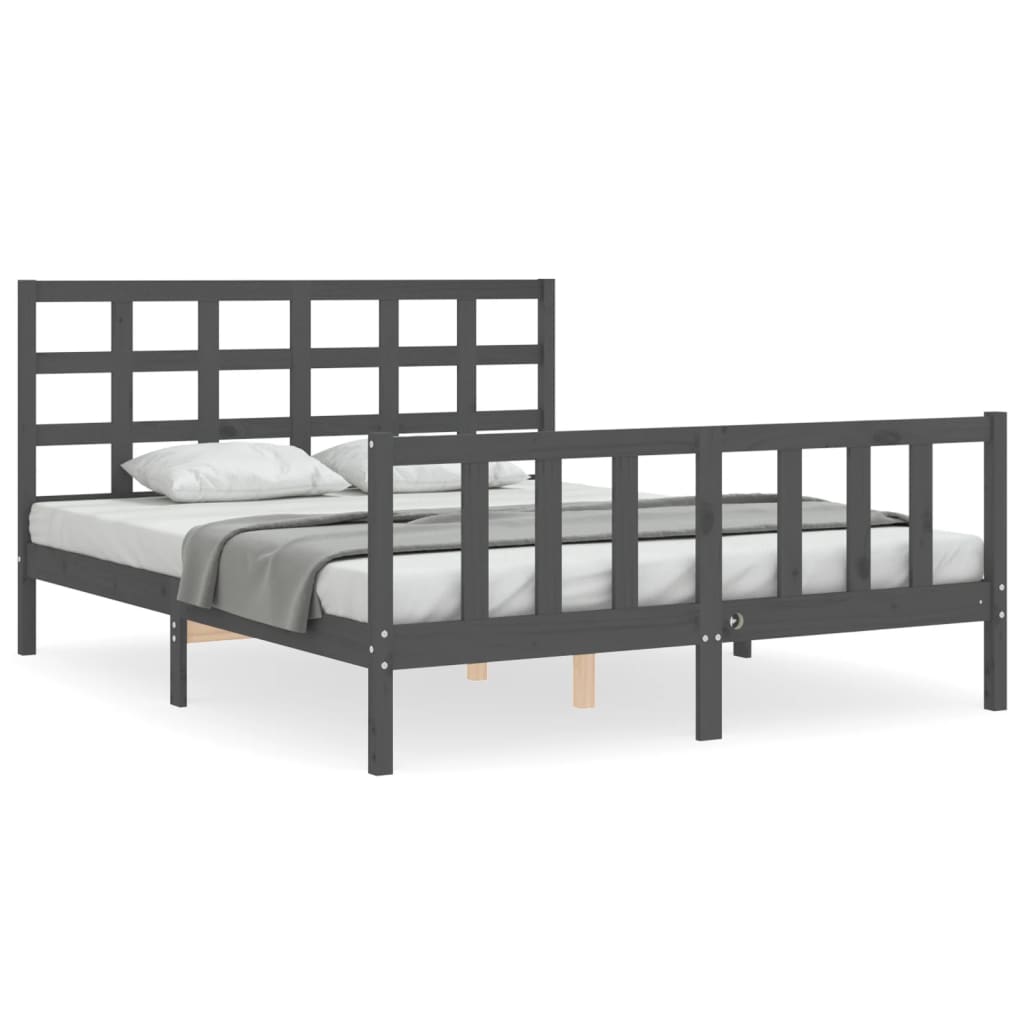 Bed Frame with Headboard Grey King Size Solid Wood