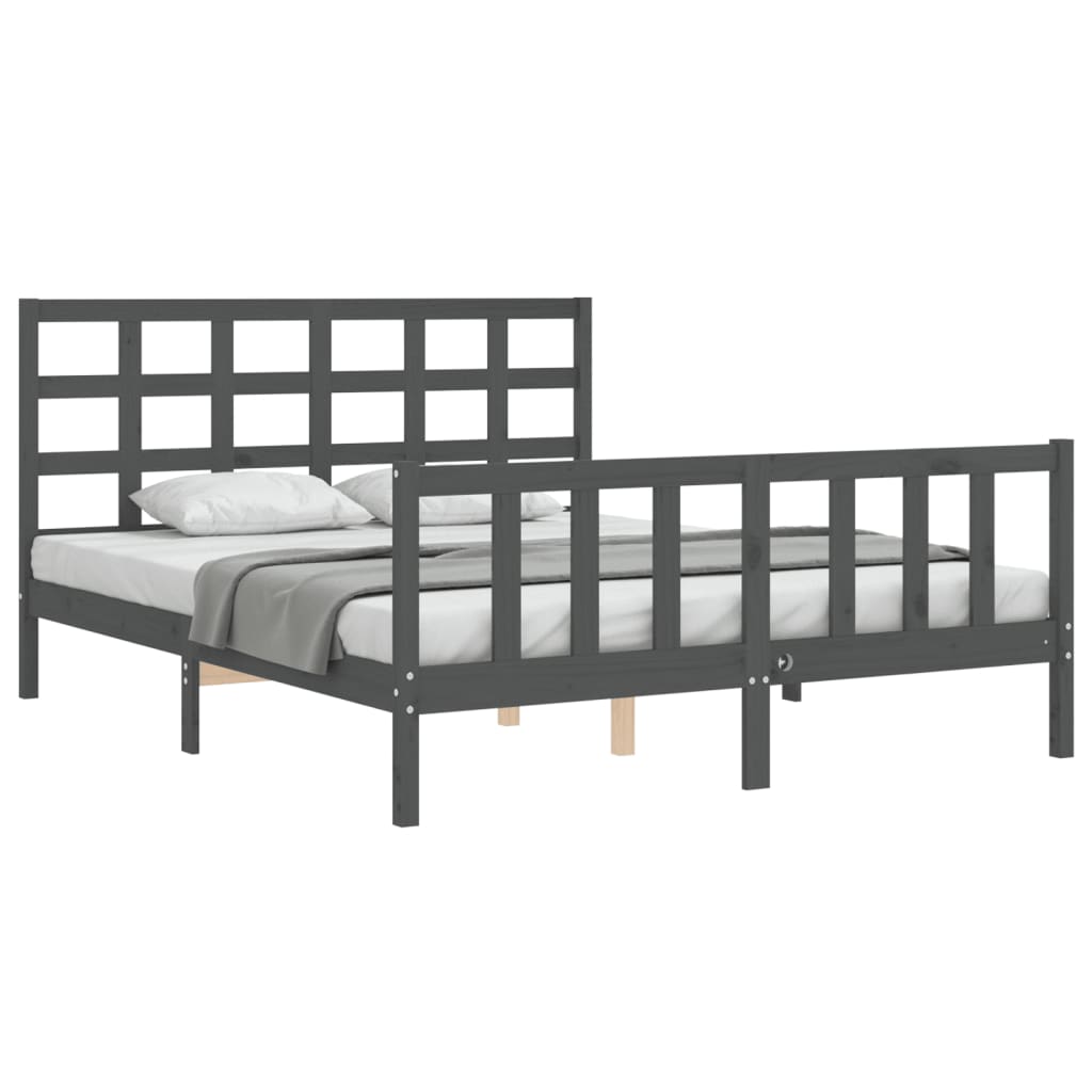 Bed Frame with Headboard Grey King Size Solid Wood