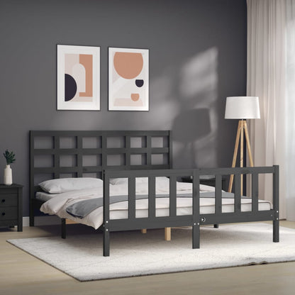 Bed Frame with Headboard Grey King Size Solid Wood